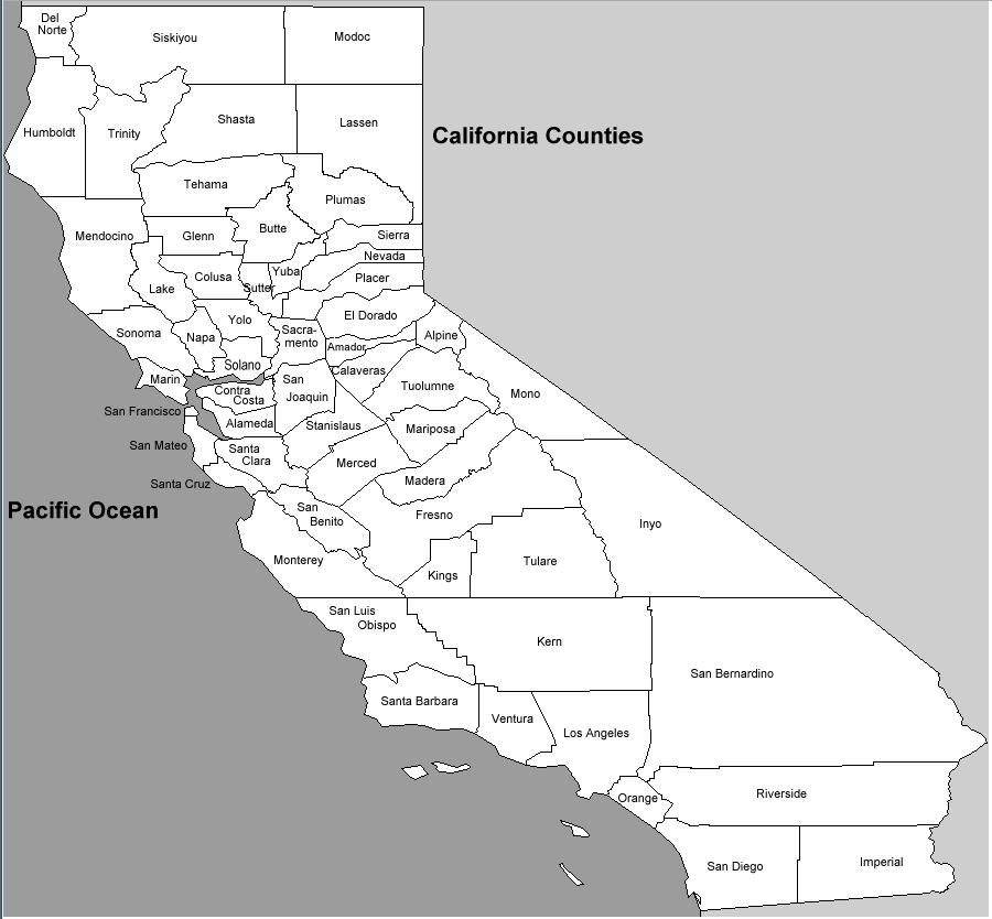 California 58 Counties 1850 27 original 16 counties added in 1860 14 counties added from