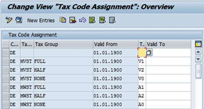 Figure 10-53. Assign tax codes Assign Tax Transaction Key In this step you will assign a tax type to the tax transaction key (Figure 10-54 ).