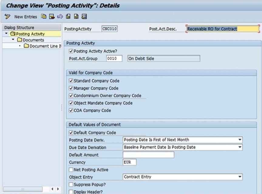 Figure 10-56. Posting activities: Details Maintain Number Range for Rent Invoice Here, you will specify the number range interval to be used for the invoice number.