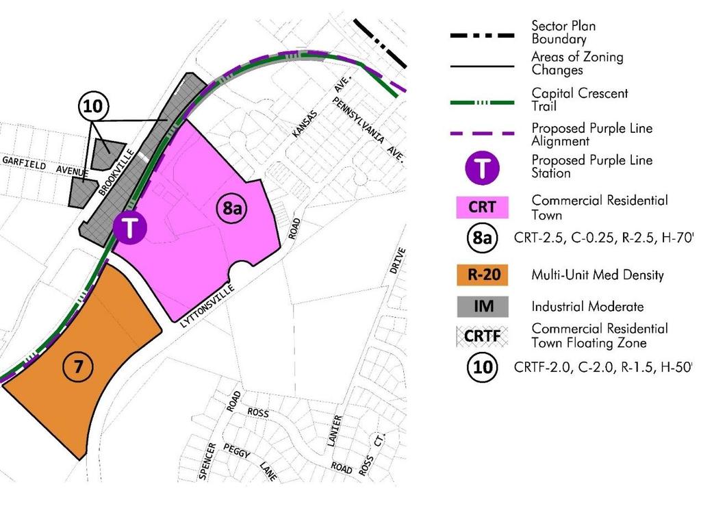 Brookville Rd/Lyttonsville Station Area Site 10 Existing: IM Proposed: CRTF Reason: Create opportunity for flexible mixed use node near purple line station Site 8a Existing: R-10, R-20, R-90, IM