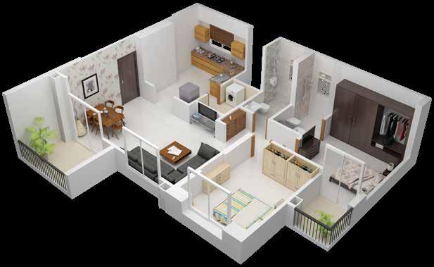 2 BHK 3D View A) Living Room B) Kitchen with Dining C)