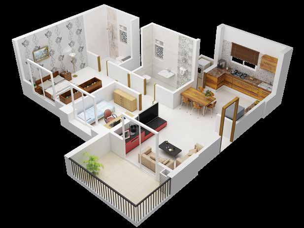 2 BHK 3D View A) Living Room B) Kitchen with Dining