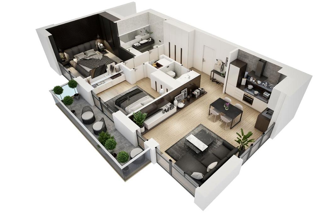 7.58 m² // APARTMENTS 5, 10, 15 Living room, kitchen, 2 bedrooms, 1 bathroom +, toilet,