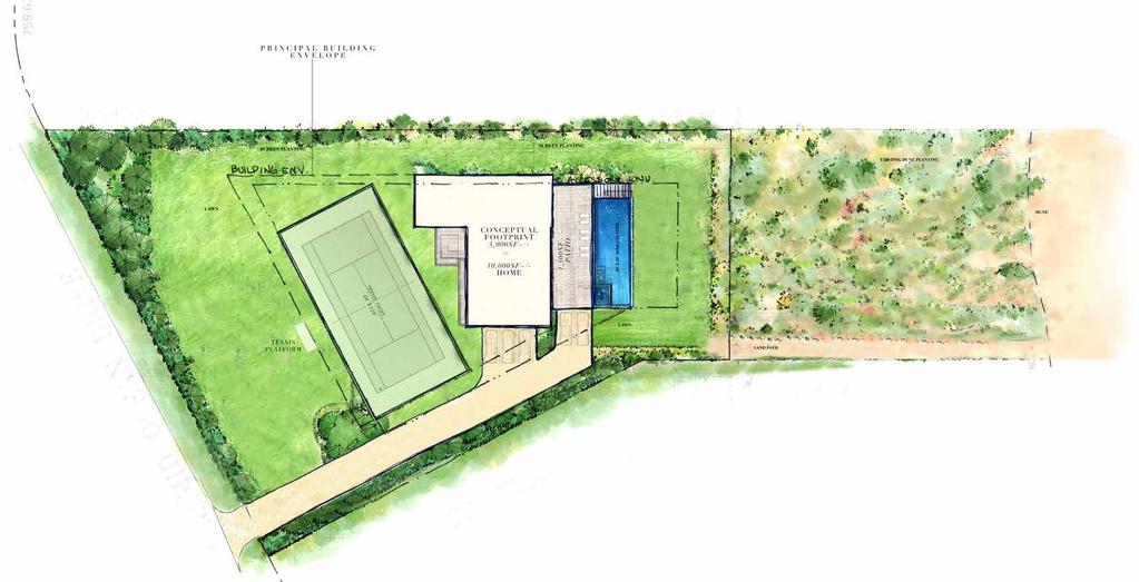 SITE PLAN OPTION 2 *Modified for tennis Regulation Sized 60' x 120' Tennis Court Oceanfront Modern 10,000 SF+/- Estate 4,000 SF+/- of Pool and Patio Space Large Oceanside Pool Rooftop Deck Ample Lawn