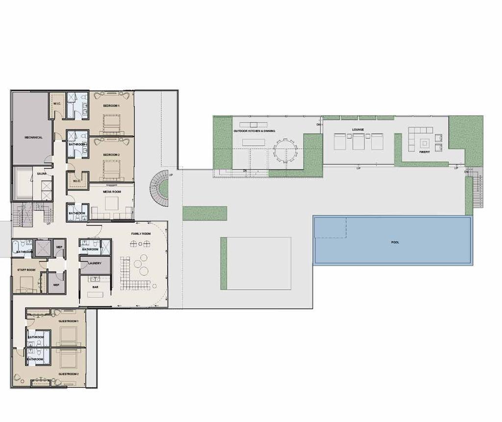 FIRST LEVEL INTERIOR 5,303 SF+/- Family Room Featuring Fully Retractable Walls of Glass Wet Bar Room Media Room with Full Bathroom 12'x7' Laundry Room 8 Person Sauna Separate En-Suite Staff Quarters