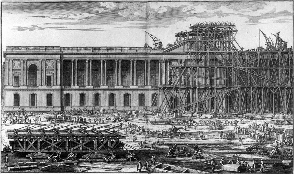 Sébastien Leclerc, Lifting the Louvre pediment stones into place in 1674, 1677, engraving Detail with paired columns, Plate 7.
