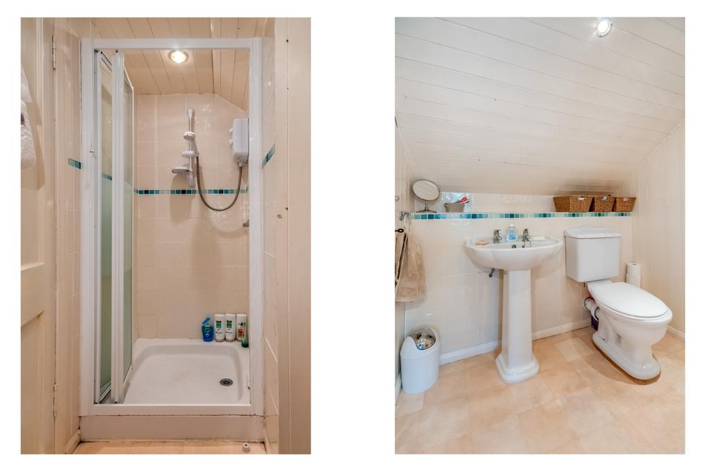 32 x 1.89m approx) Rear facing DG window with fitted Venetian, white suite comprising WC, pedestal WHB, panelled bath with Triton electric shower, folding screen; shaver point, modern wall tiling.