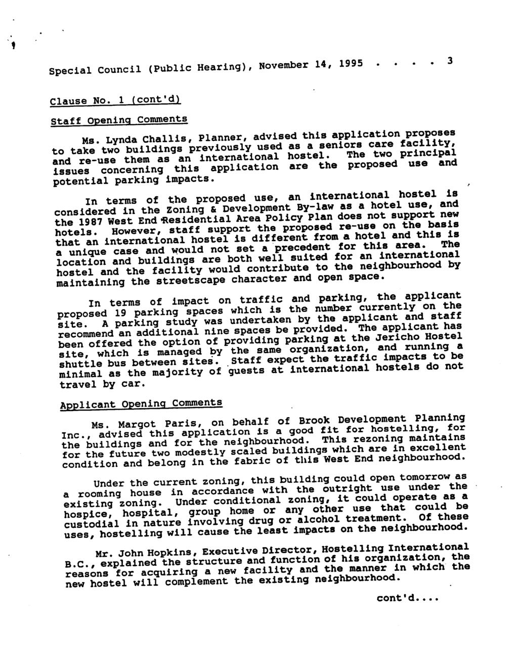 i.. Special Council (Public Hearing), November 14, 1995.... 3 Clause No. 1 (cont'd) Staff Opening Comments Ms.