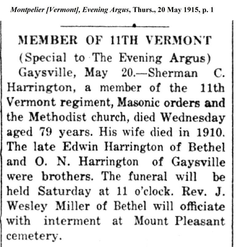 72/80 Harrington, Sherman 73 m 2 VT VT VT Farmer OFH rew H. 34 s NH Eng Eng?????? Heap, Agnes 36 s NH NH Eng Cook??? Randolph, Vermont Herald & News. 17 Feb 1910, p. 6, col. 2. Gaysville.