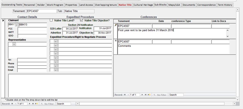 Double click on the Claimant field to add or edit claimant data. Figure 12 Native Title tab screen 4.1.9 Cultural Heritage Tab The Cultural Heritage tab within Smartman is separated from the Native Title tab to avoid confusion.