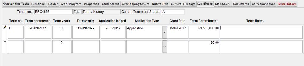 4.1.14 Term History tab The tenement s history, in terms of grant and renewals, is recorded in this section.