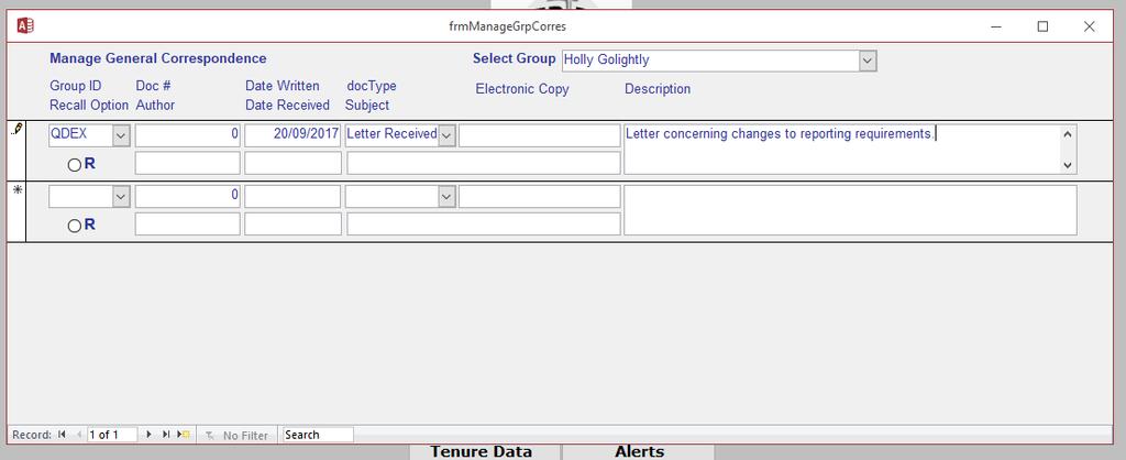 Figure 26 Manage General Correspondence screen Field Description Notes Group ID Selecting an existing group from the list.
