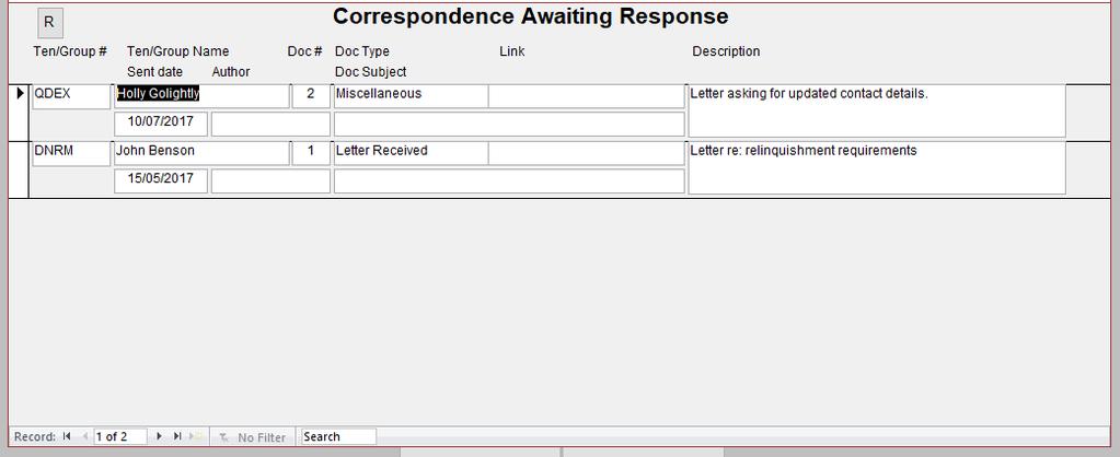 The Correspondence Awaiting Response Screen is shown in Figure 27 and the fields are listed in Table 18.