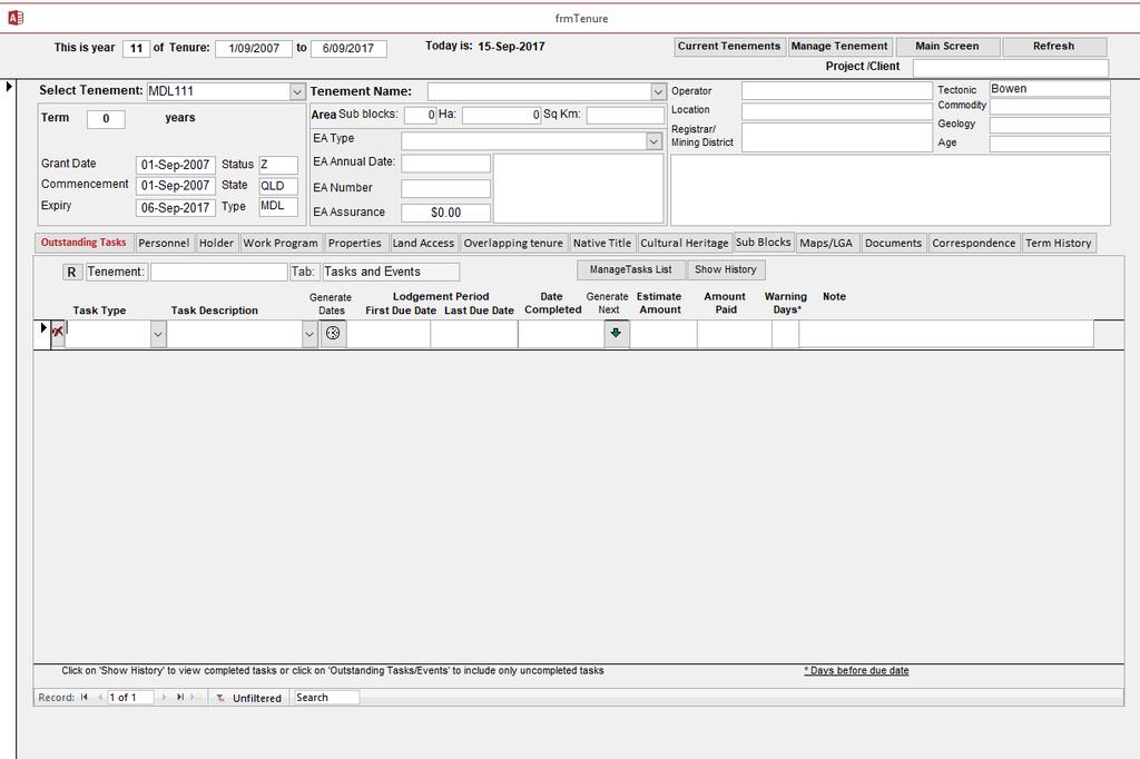 4. Using the Database 4.1 Tenure Data To create a new tenement, begin by clicking on the Tenure Data button on the Main Screen as shown in Figure 1.