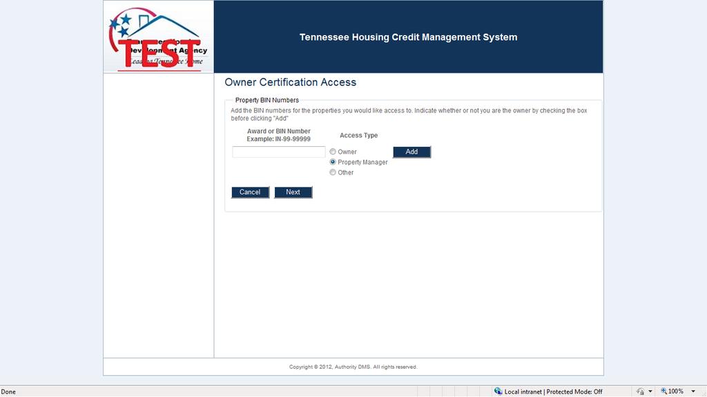 On the Owner Certification Access page, enter the Project Identification Number for each property that needs access.