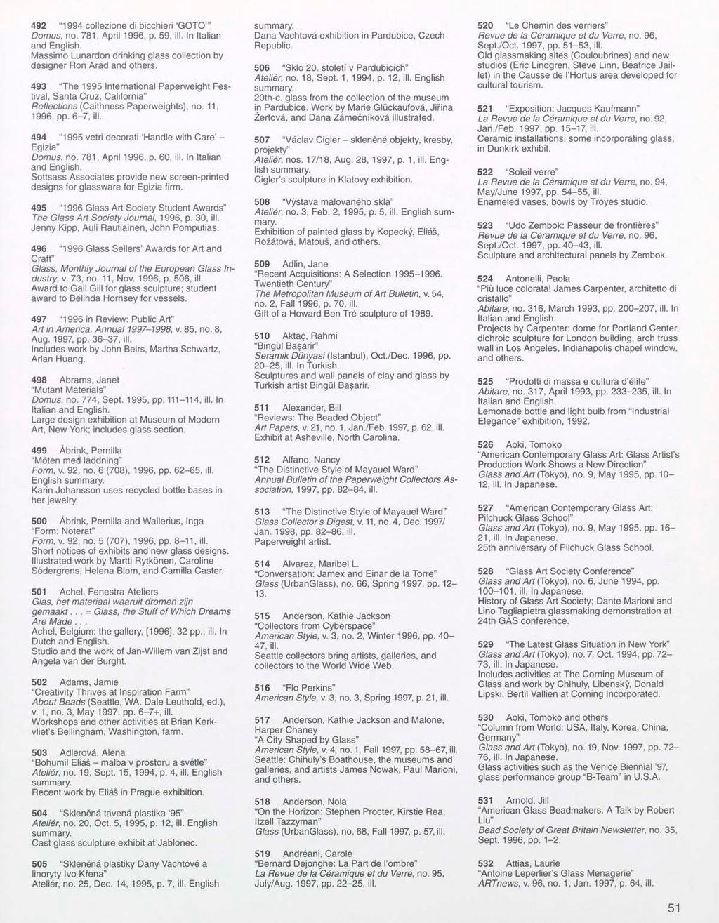 492 "1994 collezione di bicchieri 'GOTO'" Domus, no. 781, April 1996, p. 59, ill. In Italian Massimo Lunardon drinking glass collection by designer Ron Arad and others.
