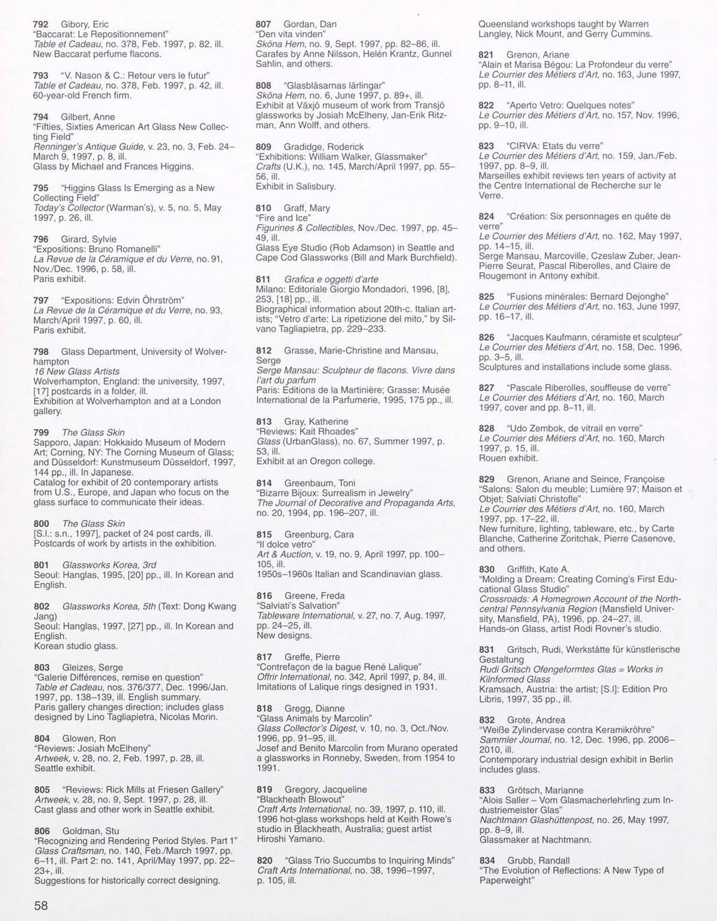 792 Gibory, Eric "Baccarat: Le Repositionnement" Table et Cadeau, no. 378, Feb. 1997, p. 82, ill. New Baccarat perfume flacons. 793 "V. Nason & C.: Retour vers le futur" Table et Cadeau, no. 378, Feb. 1997, p. 42, ill.
