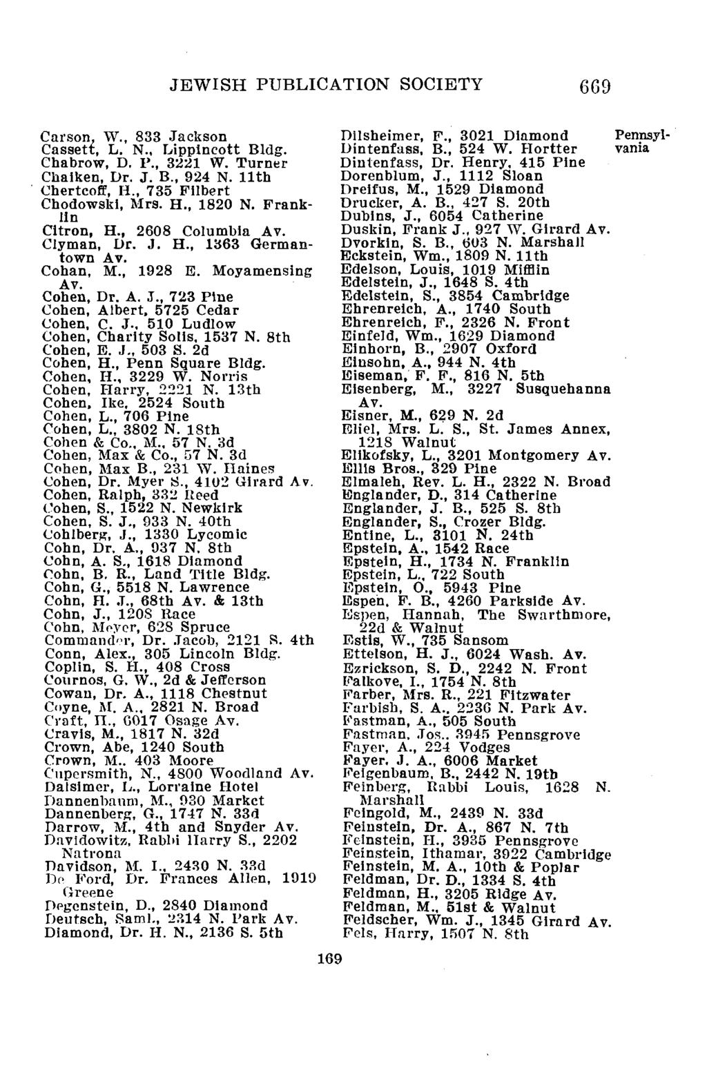 JEWISH PUBLICATION SOCIETY 6G9 Carson, W., 833 Jackson Cassett, L. N., Lippincott Bldg. Chabrow, D. P., 3221 W. Turner Chaiken, Dr. J. B., 924 N. 11th Chertcoff, H., 735 Filbert Chodowski, Mrs. H., 1820 N.