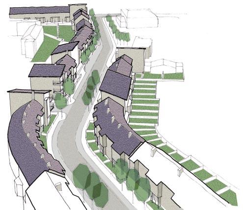The gently curving terrace has side roads off it leading to the existing homes on Coultry Way, a new road linking to Shangan Road, and a new cul-de-sac of houses overlooking the grounds of the Virgin