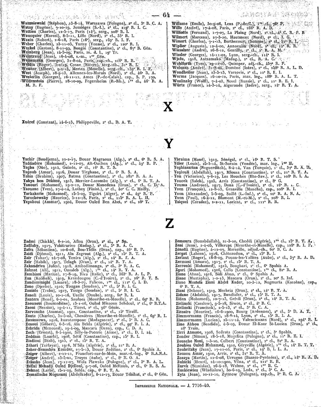 &4 Wabzmewslri (Slépbon),,i3-8-i4,Warszawi (Pologne),,2 d.,,3?.-b..ç. A, WiUame(Emile), 3o-g-o6, Lens(P.-de-C), ïrc cl.,r76"p. Wàtay(Eugène), 7-30-39, Jumiégës(S.-L),2 ch,ai'g*. R.I. C, Wiïl.