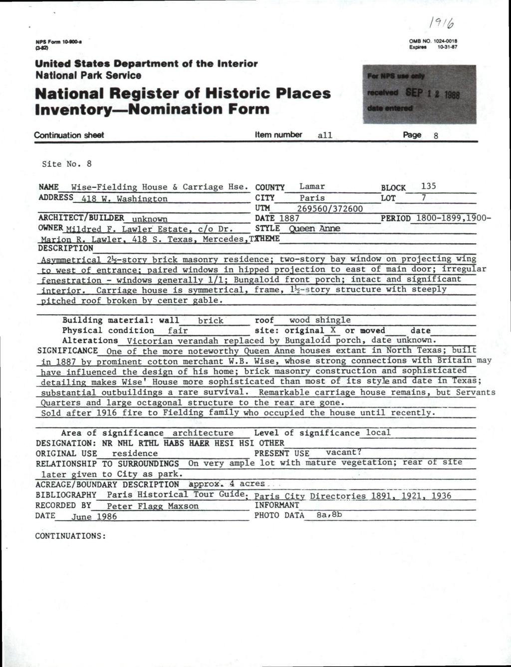 HPS fom 10-«00-i CMS United States Department of the Interior National Park Service National Register off Historic Piaces Inventory Nomination Form OMB NO 1024-0018 ExpirM 10-31.