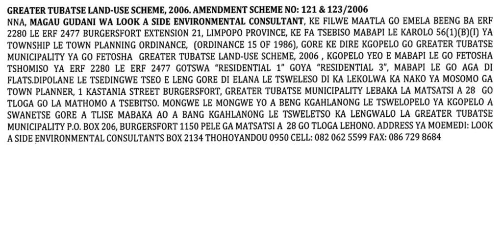 26 No. 2166 PROVINCIAL GAZETTE, 15 FEBRUARY 2013 GENERAL NOTICE 51 OF 2013 GREATER TUBATSE LAND-USE SCHEME, 2006.