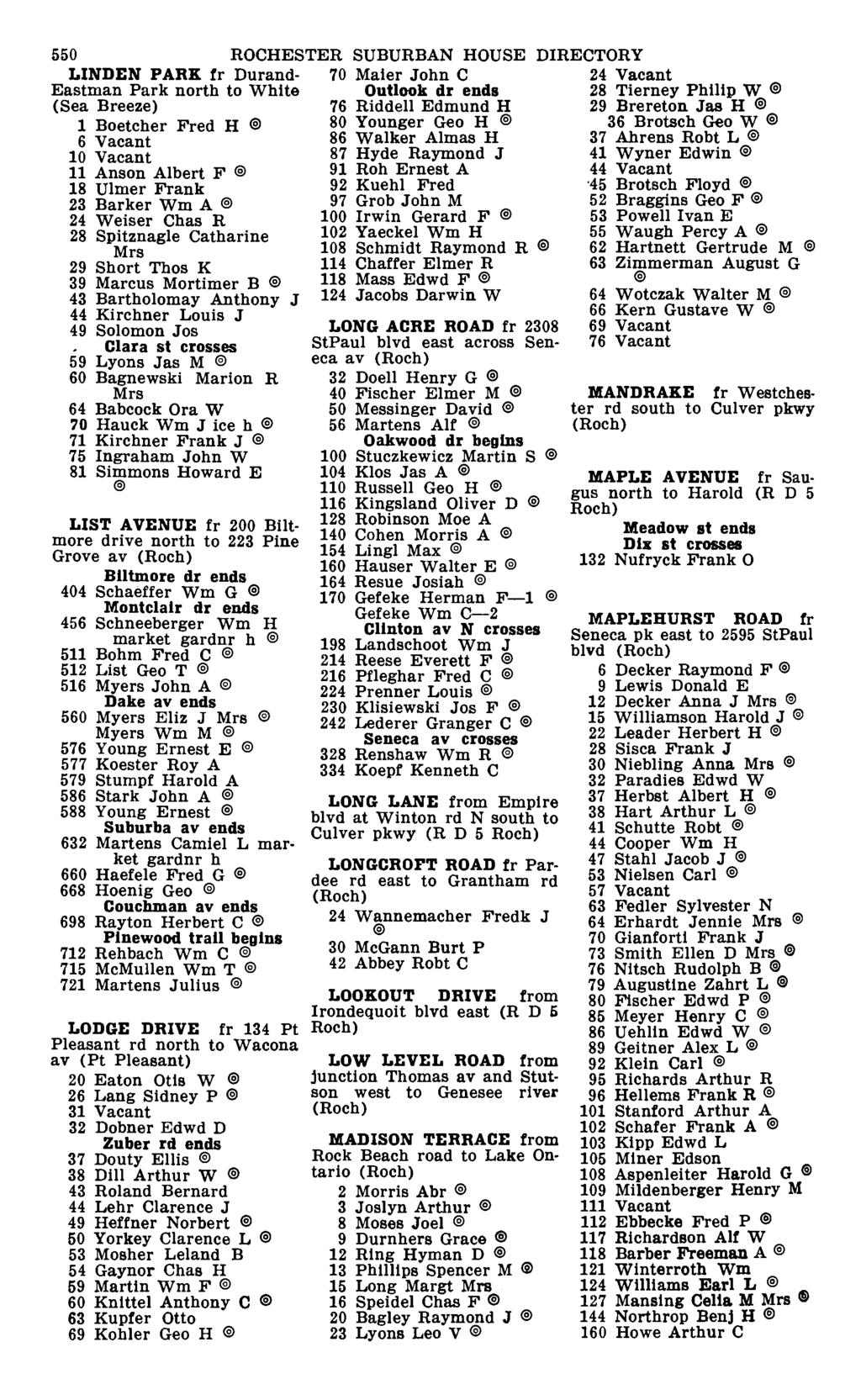 550 ROCHESTER SUBURBAN HOUSE DIRECTORY LINDEN PARK fr Durand- Eastman Park north to White (Sea Breeze) 1 Boetcher Fred H 6 Vacant 10 Vacant 11 Anson Albert F 18 Ulmer Frank 23 Barker Wm A 24 Weiser