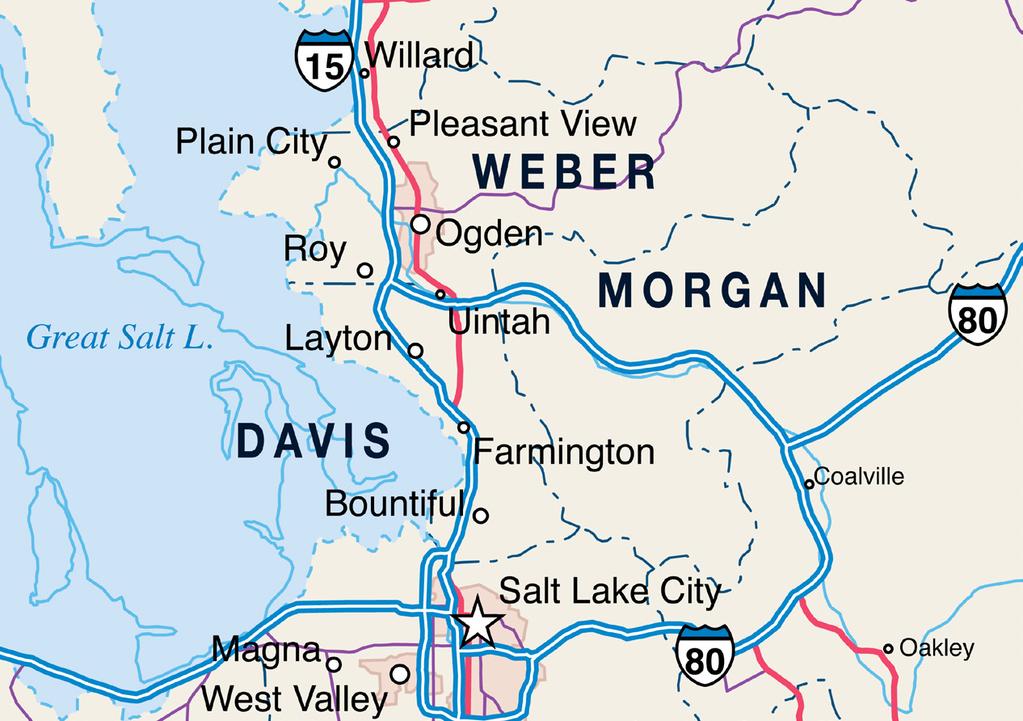 Location Overview The Ogden-Clearfield metro of northern Utah, located between the Wasatch Mountains and the Great Salt Lake, consists of Weber, Davis and Morgan counties.