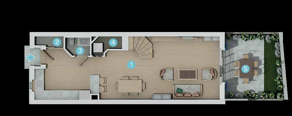 HOUSE NO 2 2+1 Garden Duplex 1. Living Room, Kitchen: 39,48 m 2 2. Cloakroom: 1,2 m 2 3. WC: 1,87 m 2 4. Storeroom: 2,43 m 2 5.