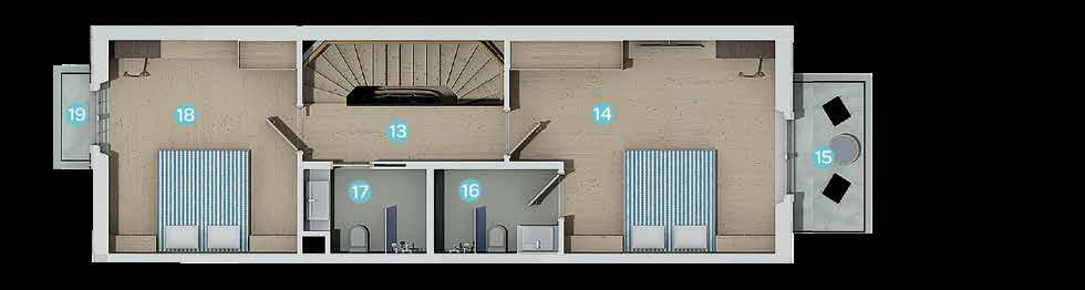 Master Bedroom: 19,24 m 2 15. Balcony: 4,92 m 2 16. Master Bathroom: 3,88 m 2 17. Bathroom: 3,64 m 2 18. Bedroom: 14,98 m 2 19.