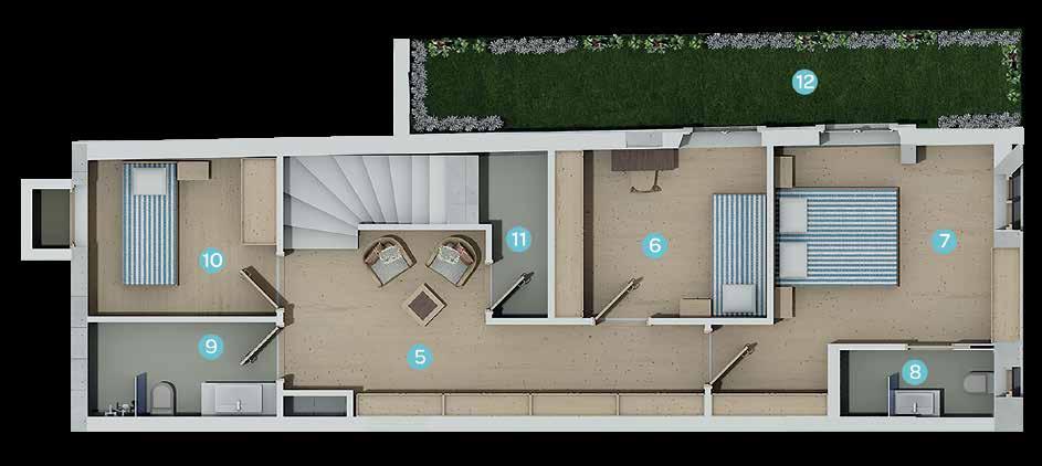 Garden: 15,71 m 2 Net Area 104,61 m 2 Upstairs Gross Indoor Area 65,28 m 2 73,25 m 2 Terrace / Balcony / Garden 23,43 m 2 Public Areas 24,50 m 2 Total Gross Area