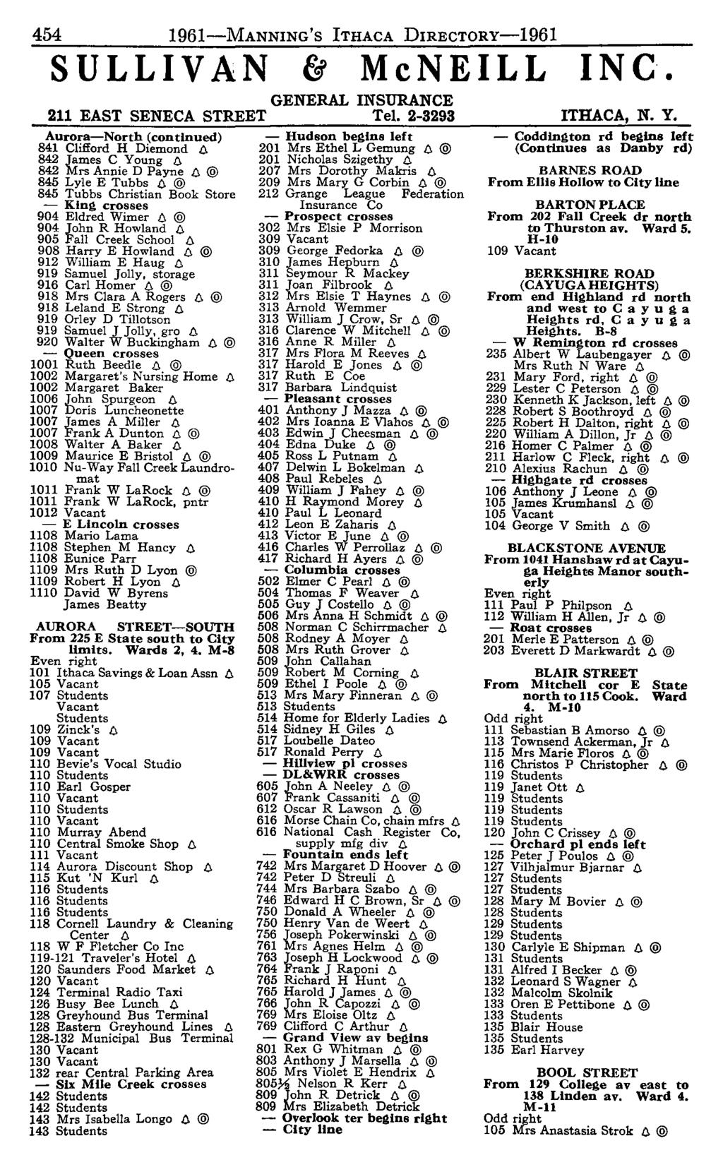 454 1961-MANNING'S ITHACA DIRECTORy-1961 SULLIV AN & McNEILL INC. GENERAL INSURANCE 211 EAST SENECA STREET Tel. 2-3293 ITHACA, N. Y. Aurora-North (continued) 841 Clifford H Diemond D.
