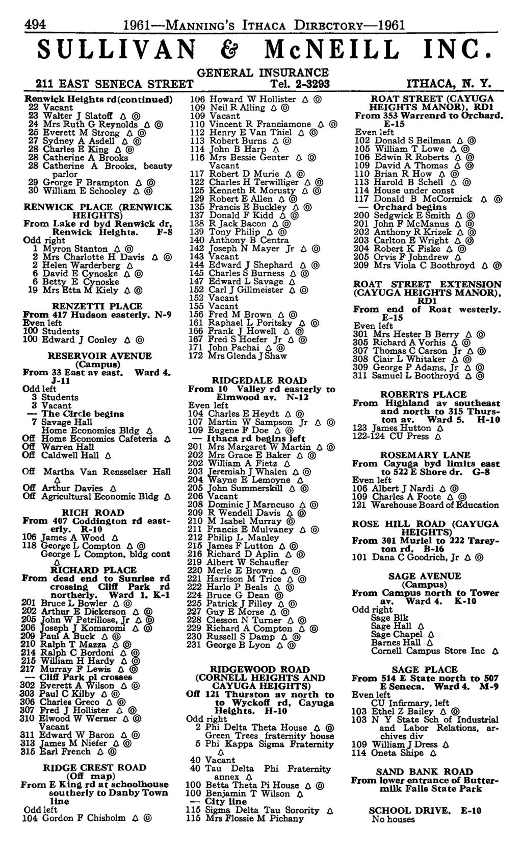 494 1961-MANNING'S ITHACA DIRECTORy-1961 SULLIVAN & McNEILL INC. GENERAL msurance 211 EAST SENECA STREET Tel. 2-3293 ITHACA, N. Y.