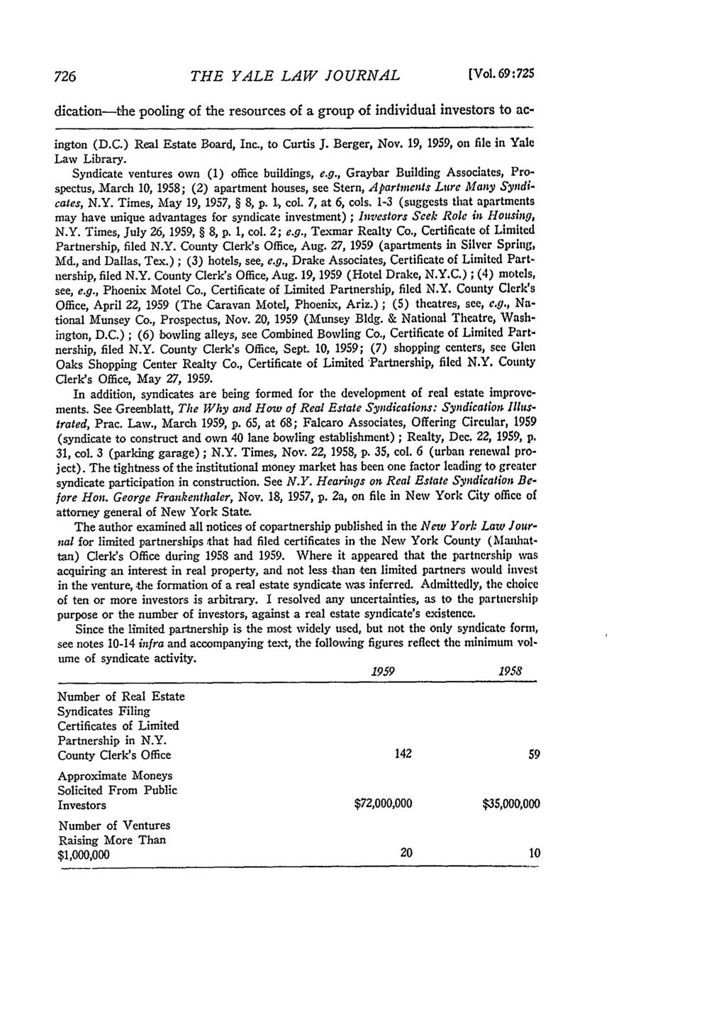THE YALE LAW JOURNAL [Vol. 69: 725 dication-the pooling of the resources of a group of individual investors to acington (D.C.) Real Estate Board, Inc., to Curtis J. Berger, Nov.