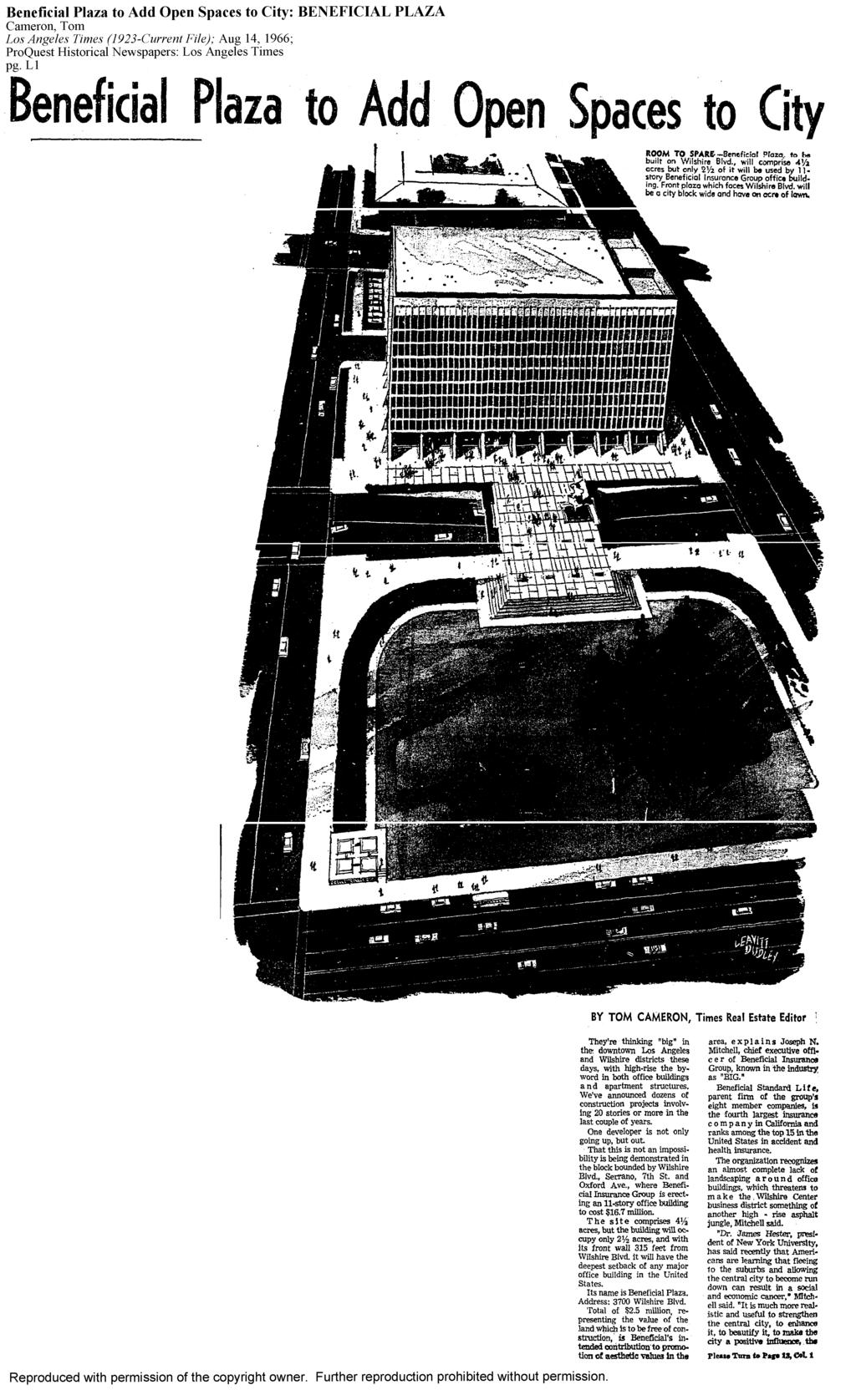Benefcal Plaza to Add Open Spaces to Cty: BENEFCAL PLAZA Cameron, Tom Los Angeles Tmes (1923-Current Fle); Aug 14, 1966; ProQuest Hstorcal Newspapers: Los Angeles Tmes pg L Benefcal Plaza to Add Open