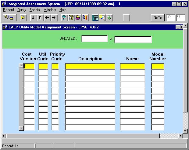 CALP Utility Model Assignment (LP56) This screen is used to enter allowable Utility Codes. A Description and short description (Name) can be entered. The model numbers for this code can be entered.