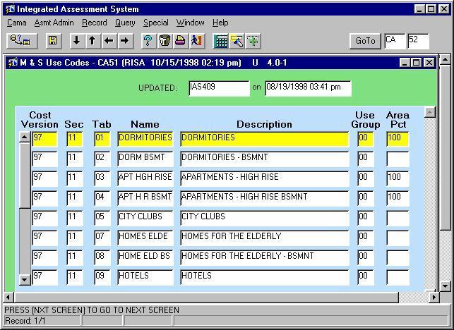 CA51 Overview M&S Use Codes The M&S Use Codes screen, CA51, allows you to create, maintain, and delete records. Figure 10.
