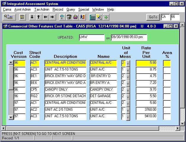 CA65 Overview Commercial OTHER Features Cost Table The Commercial Other Features Cost Table screen, CA65, allows you to enter allowable codes and associated cost rates for commercial attached