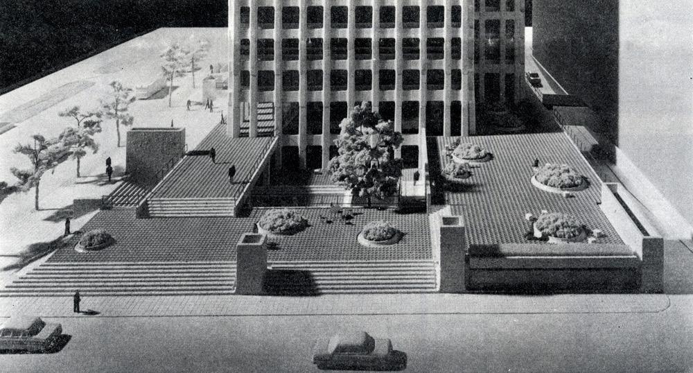 existing building Fig.. Site Plan of Tokyo Marine Building Project (966) Maekawa planned the not as a private external space but as a public external space that people could freely use.