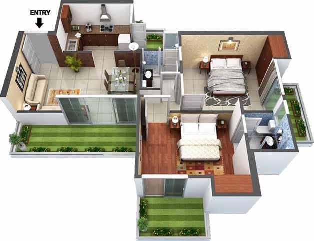 ENTRY 3D- VIEW Type-1 2 BHK+2 Toilet Super Area = 1097 Sq. Ft.