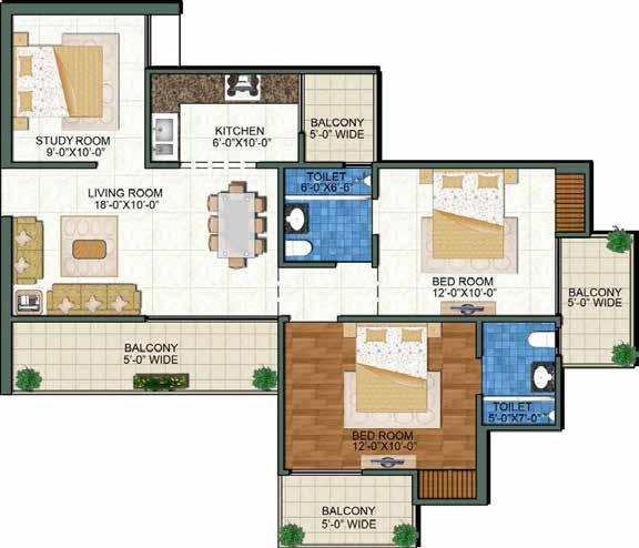 ENTRY Type-2 2 BHK+2 Toilet+ Study Room Super Area = 1293 Sq. Ft.