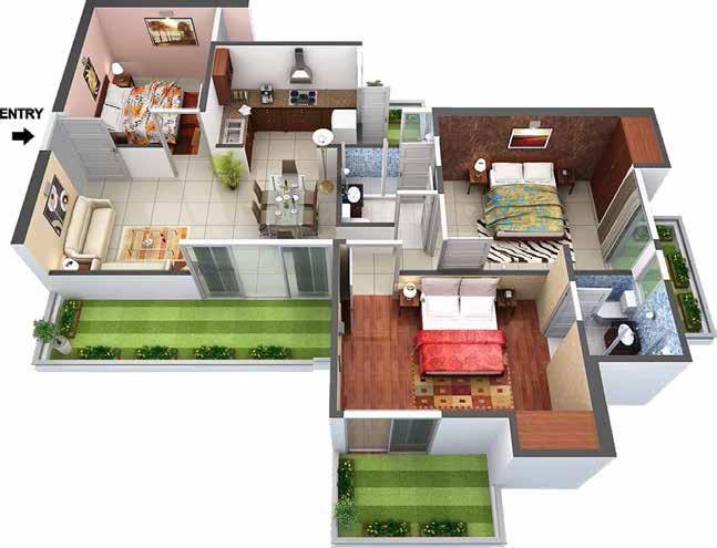 3D- VIEW ENTRY Type-2 2 BHK+2 Toilet+ Study Room Super Area = 1293 Sq. Ft.