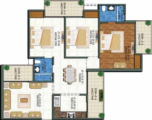 ENTRY Type-3 3 BHK+2 Toilet Super Area = 1544 Sq. Ft.