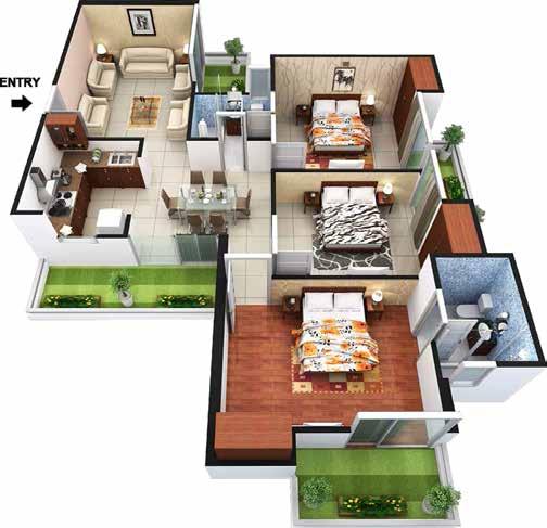 ENTRY 3D- VIEW Type-3 3 BHK+2 Toilet Super Area = 1544 Sq. Ft.