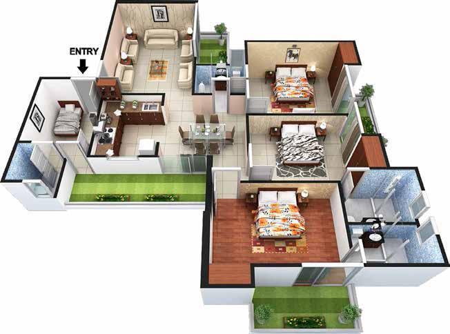 ENTRY 3D- VIEW Type-3+ 3 BHK+4 Toilet+ Servant Room Super Area = 1865 Sq. Ft.