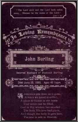 In Loving Memory Of JOHN The loving husband of DIANNAH BURLING And loved son of the late HENRY BURLING Of Marrickville Died 25th June 1893 Aged 48 years.