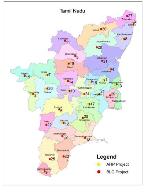 District wise Projects approved in Tamil Nadu SI No District AHP BLC Total 1 Ariyalur 288 3956 4244 2 Chennai 5052 19350 24402 3 Coimbatore 1348 15418 16766 4 Cuddalore 240 19549 19789 5 Dharmapuri
