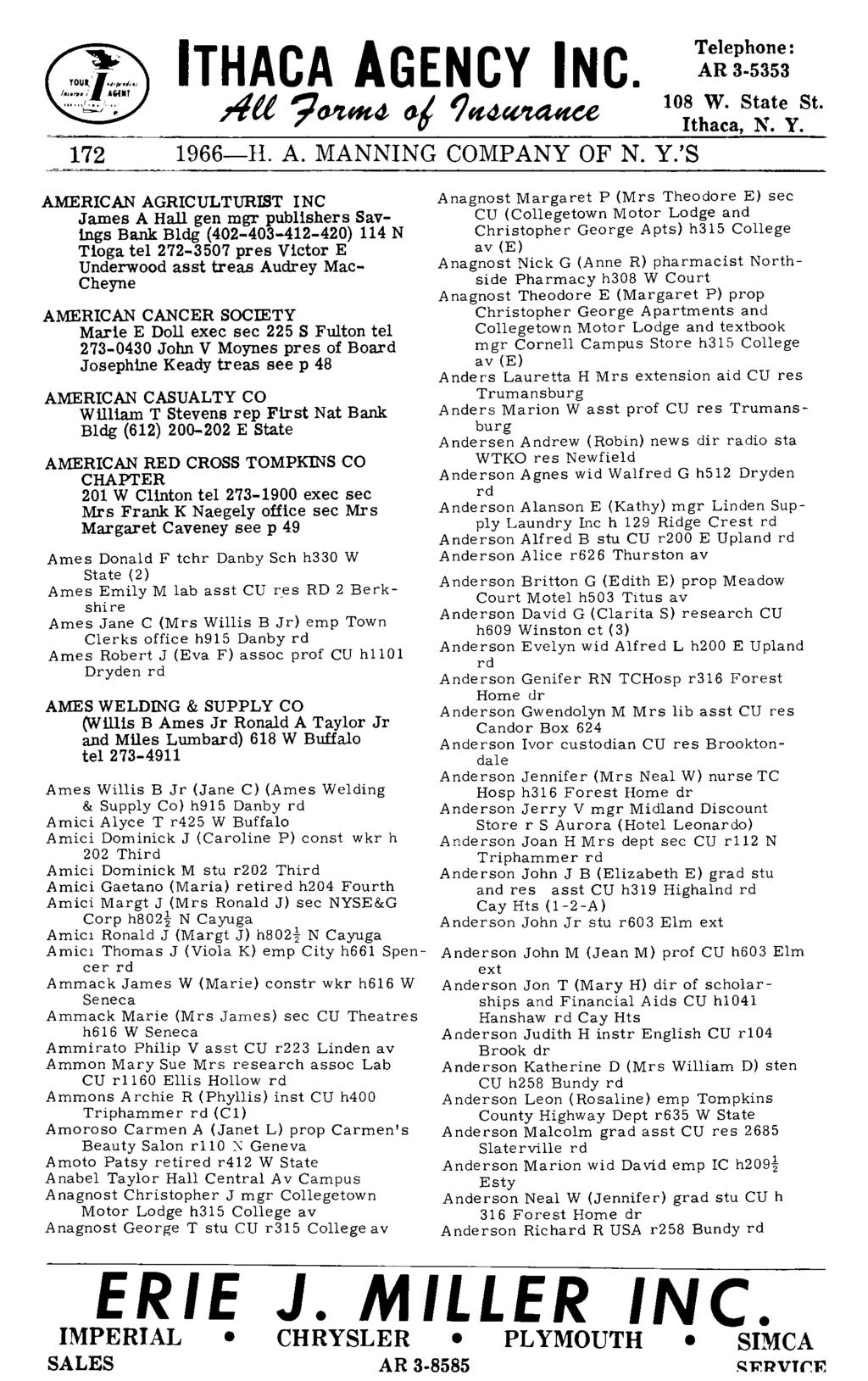 172 ITHACA AGENCY INC. AU 7O'tffl,4-0-1 'J1t4-~ 1966-H. A. MANNING COMPANY OF N. Yo