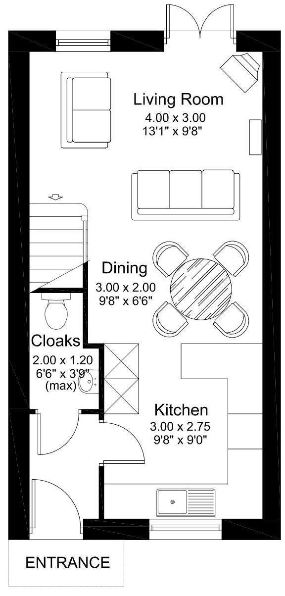 The Dawson Living Room Dining Cloaks 3.0 x 2.75 (9'8" x 9'0") 4.0 x 3.0 (13'1" x 9'8") 3.0 x 2.0 (9'8" x 6'6") 2.