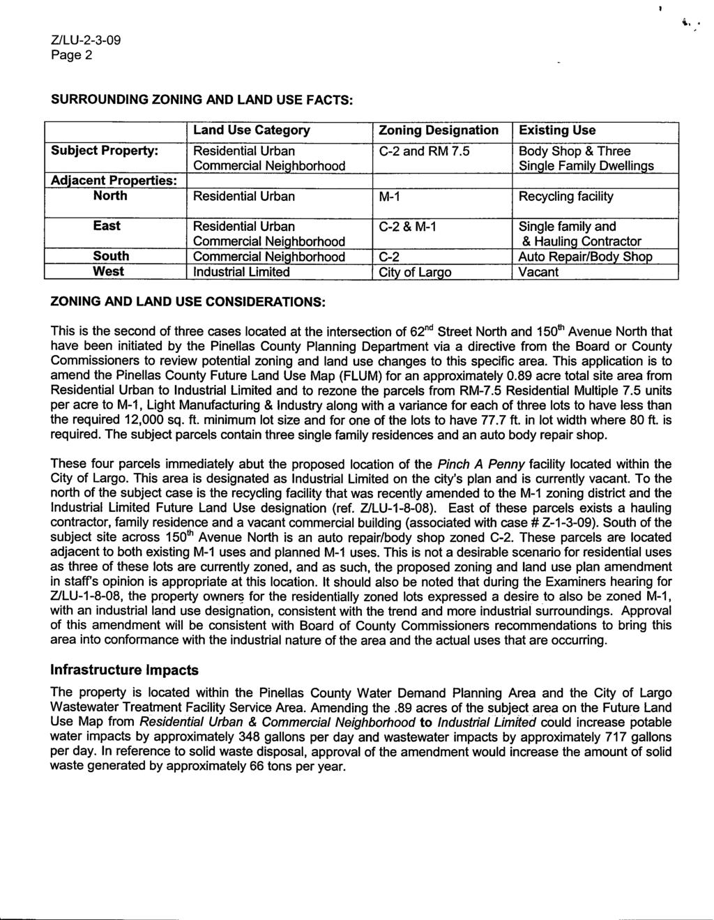 ZLU-2-3-09 Page 2 SURROUNDING ZONING AND LAND USE FACTS: Subject Property: Adjacent Properties: North Land Use Category Residential Urban Commercial Neighborhood Residential Urban Zoning Designation